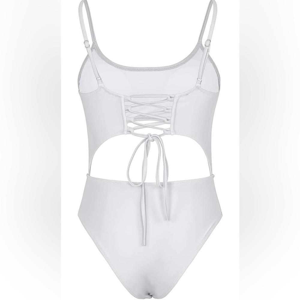 Meyeeka Scoop Neck Cut Out Front Lace Up Back High Cut Monokini One Piece - Picture 4 of 7